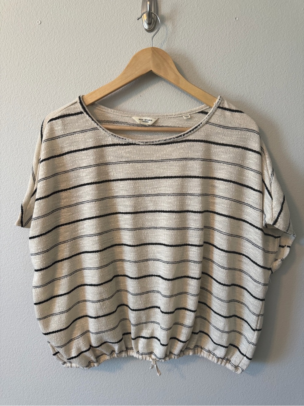 Max Studio Cream and Black Striped Short-Sleeve Sweatshirt